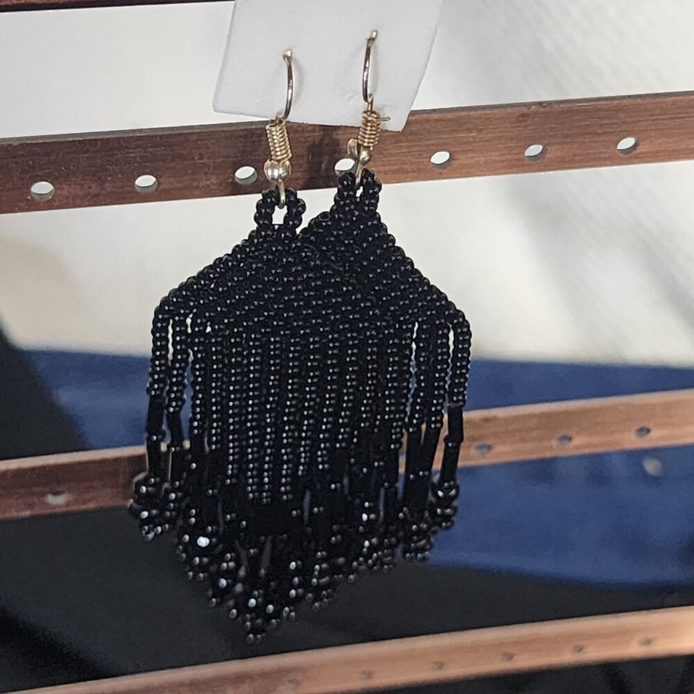 Coal Black Handmade Beaded Chandelier Shepard's Hook Earrings for Pierced Ears - Picture 15 of 16